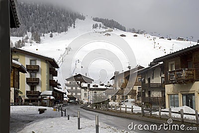 The settlement and mountain-skiing routes in the Italian Alps. Stock Photo