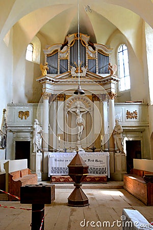 Inside the fortified medieval saxon evangelic church in the village Apold, Transylvania, Romania Editorial Stock Photo