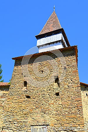 Tower of the fortified medieval church in the village Mesendorf Meschenderf, Meschendorf, Mesche Stock Photo