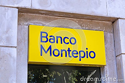 anco Montepio logo sign. Montepio formerly Montepio Geral, is a Portuguese mutual savings organization Editorial Stock Photo