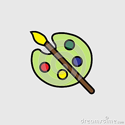 Painting palette with blue, yellow, green, and red and a brush Stock Photo