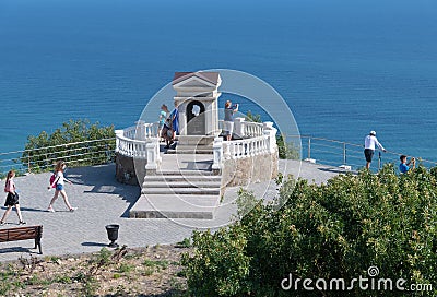 Sevastopol, Crimea - July 3. The memorial sign in honor of visit to St. George Monastery of poet Alexander Pushkin Editorial Stock Photo