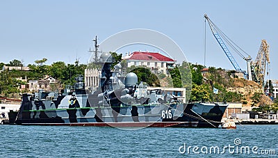 Sevastopol, Crimea - July 3, 2019. Samum is a Russian small hovercraft missile ship as part of 41st brigade of missile Editorial Stock Photo