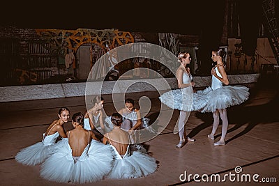 The seven ballerinas behind the scenes of theater Stock Photo