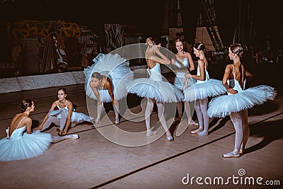 The seven ballerinas behind the scenes of theater Stock Photo