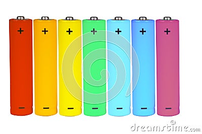 Seven batteries of different colors Stock Photo