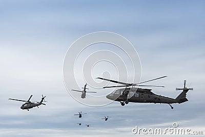 Seven Black Hawk helicopters Stock Photo