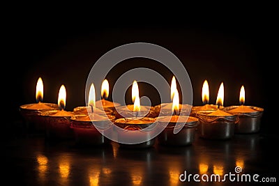 seven brightly burning candles in a kinara against a dark backdrop Stock Photo