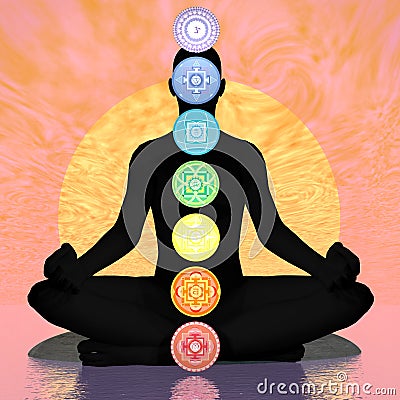 Seven chakra symbols column on black human being by sunset - 3D render Stock Photo