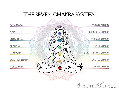 Seven chakra system in human body, infographic with meditating yogi woman, vector illustration Vector Illustration