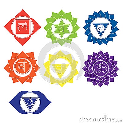 Seven chakras icons. Kundalini yoga symbols Vector Illustration