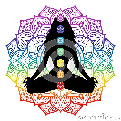 Seven chakras on meditating yogi woman silhouette, vector illustration Vector Illustration