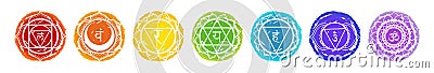 Seven chakras symbols on white background used in a variety of ancient meditation Vector Illustration