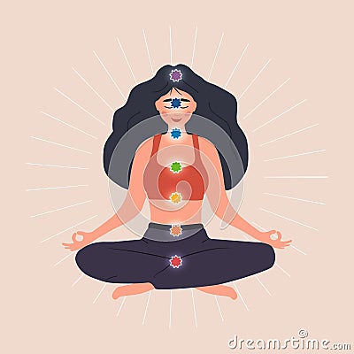 Seven chakras system of human body. Ayurveda, Buddhism and Hinduism. Alternative medicine. Meditating woman with basic Vector Illustration