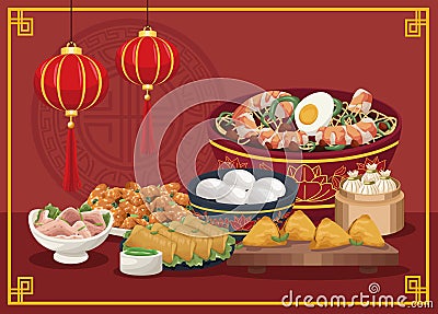 seven chinese food dishes scene Vector Illustration