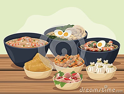 seven chinese food in table Vector Illustration