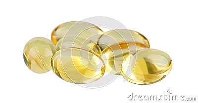 Seven cod liver oil capsules. Stock Photo