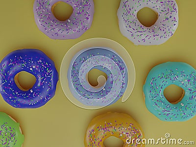 Seven colorful donuts on a yellow background Stock Photo