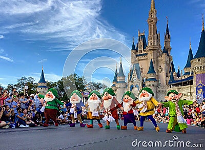 Seven dwarfs performancing at Walt Disney World Christmas party Editorial Stock Photo