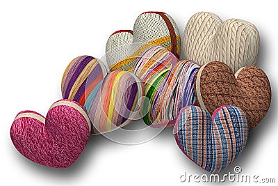 Seven hearts of knitted fabric Stock Photo