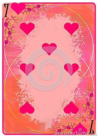 Seven of Hearts playing card. Unique hand drawn pocker card. One of 52 cards in french card deck, English or Anglo-American Cartoon Illustration