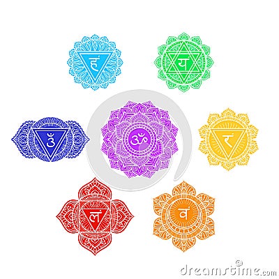 Seven human chakras symbols set, colorful icons Vector Illustration