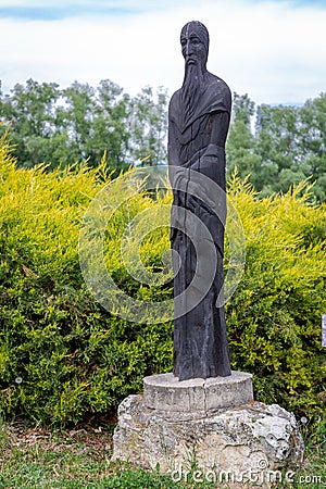 Seven leader memorial park in Bodrogkeresztur, Hungary. Two meter high wooden sculptures of Hungarian heroes Editorial Stock Photo