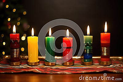 seven lit front view kwanzaa candles Stock Photo