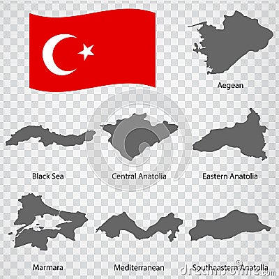 Seven Maps Regions of Turkey - alphabetical order with name. Every single map of Region Turkey are listed and isolated with word Vector Illustration