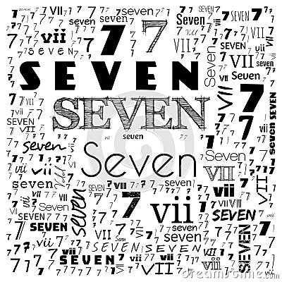 Seven 7 number word cloud, word cloud use for banner, painting, motivation, web-page, website background, t-shirt & shirt Cartoon Illustration