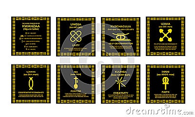 The Seven Principles of Kwanzaa signs. African American Christmas. 7 days of Kwanzaa set. Vector template for typography Vector Illustration