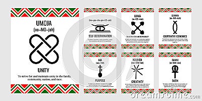 The Seven Principles of Kwanzaa signs. African American Holidays. 7 days of Kvanzaa set. Vector template for typography Vector Illustration