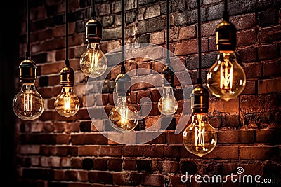 Seven Radiant Elegant And Luxurious Light Bulbs Hang In Front Of A Dark Red And Brown Textured Brick Wall - Generative AI Stock Photo