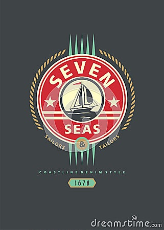 Seven seas vintage tee shirt print design Vector Illustration