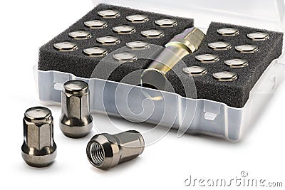 seven-sided wheel nuts a set of mounting bolts isolate on a white background smoky chrome gray, auto parts Stock Photo