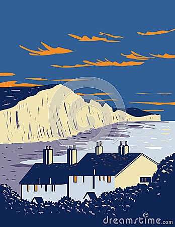 Seven Sisters Chalk Cliffs by English Channel Within South Downs National Park in Southern England UK Art Deco WPA Poster Art Vector Illustration