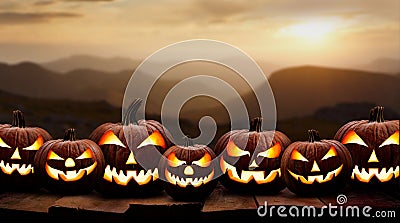 Seven spooky halloween pumpkin, Jack O Lantern, with an evil face and eyes on a wooden bench Stock Photo