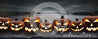 Seven spooky halloween pumpkins, Jack O Lantern, with an evil face and eyes Stock Photo