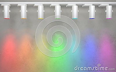 Seven spotlights shine on the wall with colored light rainbow colors. Creative conceptual illustration with copy space. 3D Cartoon Illustration