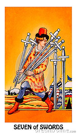 7 Seven of Swords Tarot Card Logic Reason Ahead of the Posse Adaptability Flexibility Plotting & Planning Strategies Editorial Stock Photo