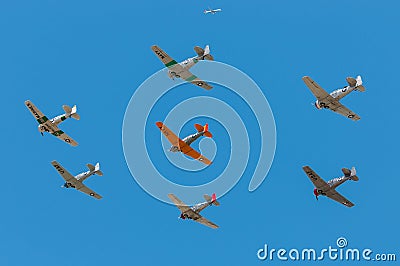 Seven AT-6 Texan Airplanes With Commerical Jet Editorial Stock Photo