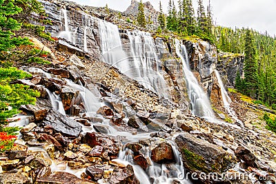 Seven Veils Falls at Lake O`Hara in the Canadian Rockies of Yoho National Park Stock Photo