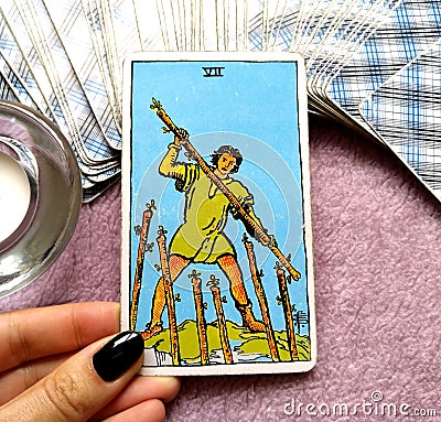 Seven VII of Wands Tarot Card Stock Photo