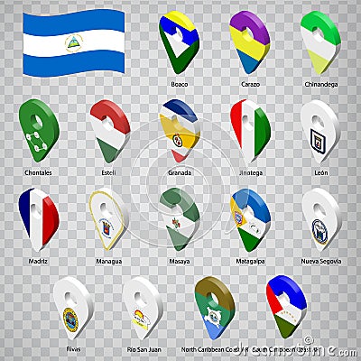 Seventeen flags the Provinces of Nicaragua - alphabetical order with name. Set of 3d geolocation signs like flags Departments o Vector Illustration