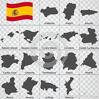 Seventeen Maps Autonomous communities of Spain - alphabetical order with name. Every single map of state are listed and isolated w Vector Illustration