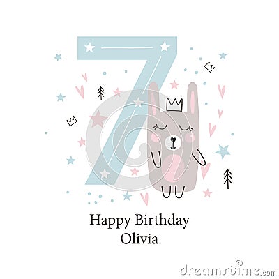 Seventh birthday greetings card with a cute rabbit. Kids party with animals. Vector Vector Illustration