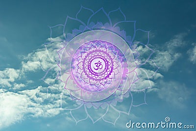 Seventh chakra Sahasrara on blue sky background. Mandala with on symbol Stock Photo