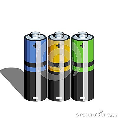 Several AA or AAA batteries of different colors on a white background with a long shadow Vector Illustration