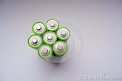 Several AA batteries close-up photo. Used Batteries , Waste, Collection And Recycling. Closeup of pile of alkaline batteries. Stock Photo