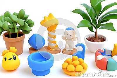 Several abstract models displaying vivid, colorful objects created on a 3D printer, placed on a white table Stock Photo